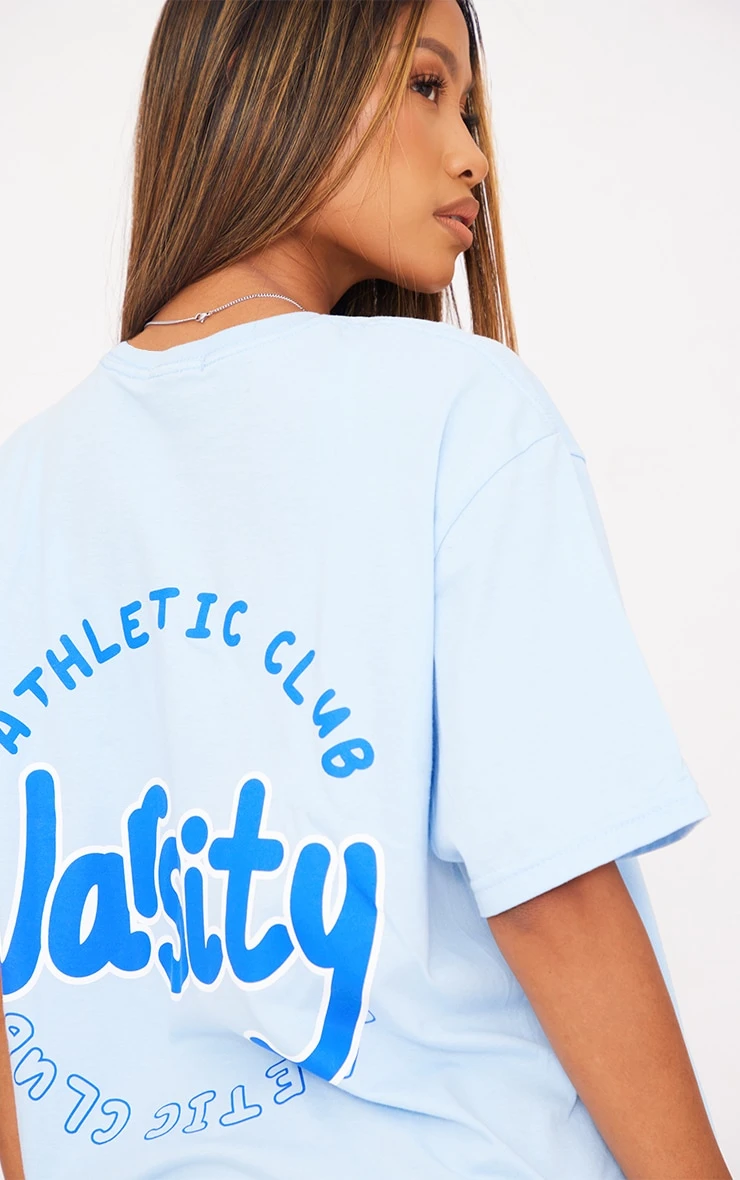 PRETTYLITTLETHING Baby Blue Athletic Club Varsity Print T Shirt - Image 4