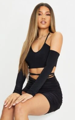 Black Slinky Halterneck Cold Shoulder Long Sleeve Crop Top