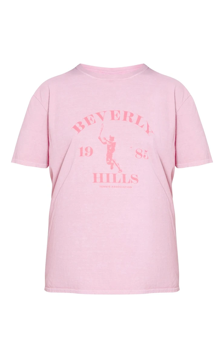 PRETTYLITTLETHING Baby Pink Washed Beverley Hills Print T Shirt - Image 5