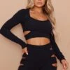 Black Crinkle Rib Cut Out Detail Long Sleeve Top