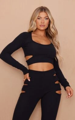 Black Crinkle Rib Cut Out Detail Long Sleeve Top