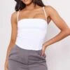 White Stretch Woven Spaghetti Strap Bust Detail Crop Top
