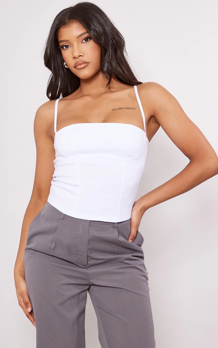 White Stretch Woven Spaghetti Strap Bust Detail Crop Top
