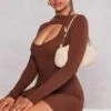 Chocolate Rib Knit Halterneck Long Sleeve Dress