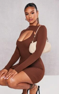 Chocolate Rib Knit Halterneck Long Sleeve Dress