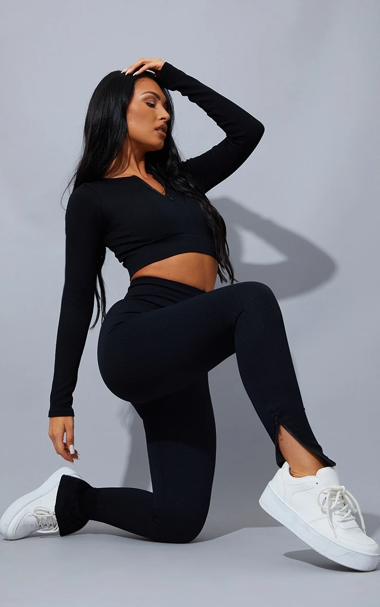 Black Structured Contour Rib Zip Up Long Sleeve Crop Top - Image 3