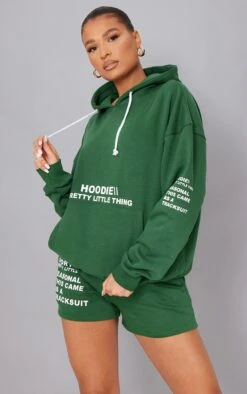 PRETTYLITTLETHING Forest Green Oversized Slogan Print Pocket Front