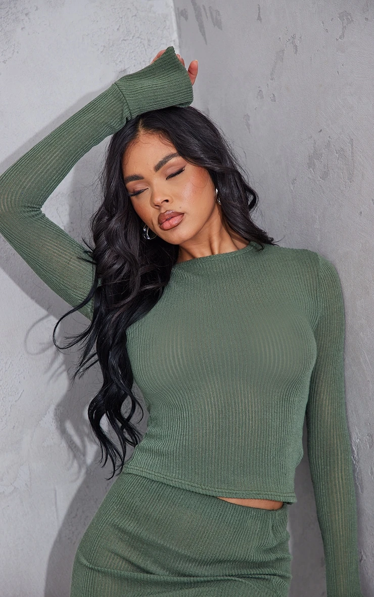 Khaki Sheer Soft Rib Longline Flared Sleeve Top - Image 4