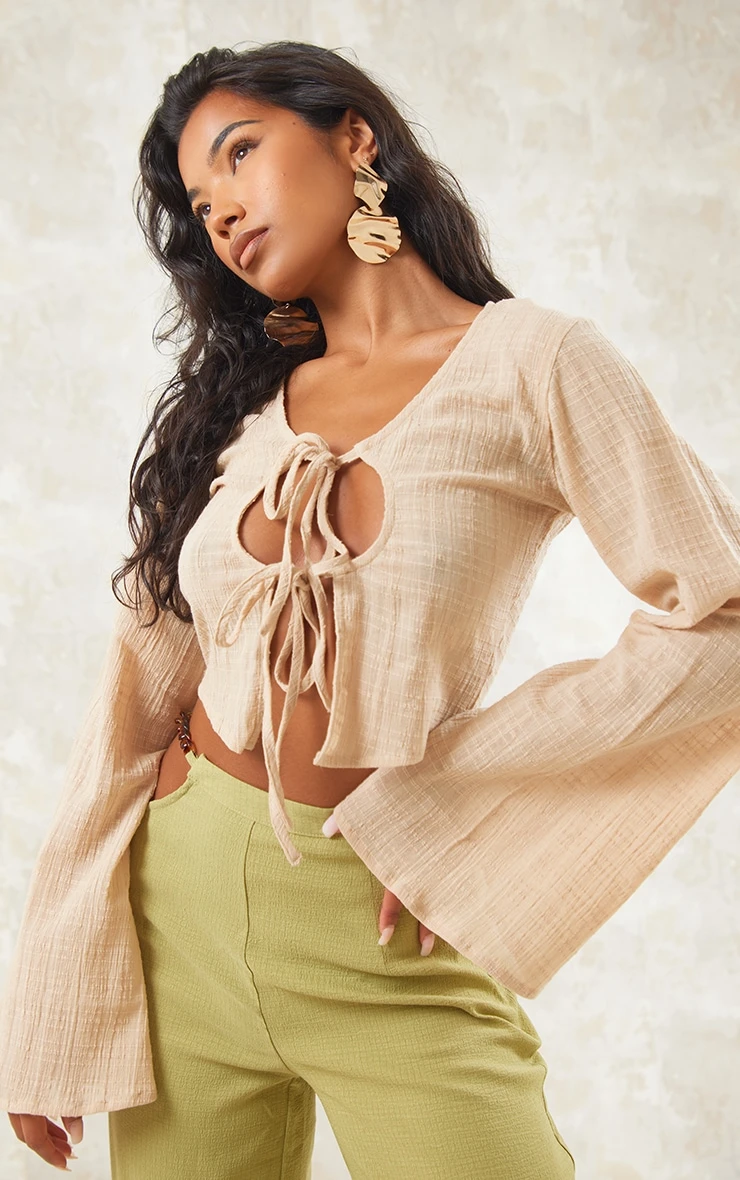 Stone Cotton Textured Tie Front Long Sleeve Top