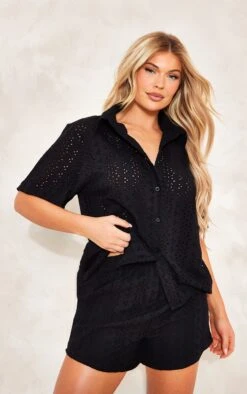 Black Broderie Anglais Short Sleeve Oversized Shirt