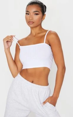 Basic White Cotton Blend Rib Square Neck Strappy Crop Top