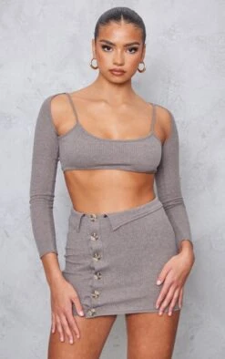 Chocolate Ribbed Cut Out Waist Button Detail Bodycon Dress