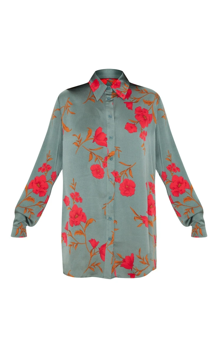 Green Floral Print Oversized Shirt - Image 3