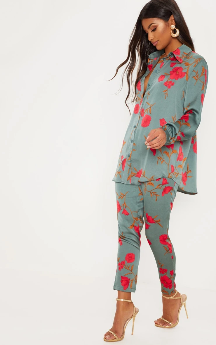 Green Floral Print Oversized Shirt - Image 4