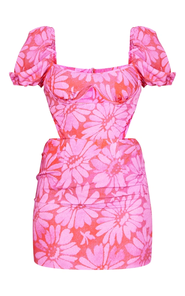 Pink Floral Print Cup Detail Bodycon Dress - Image 5