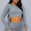 Dark Grey Structured Contour Ribbed Round Neck Long Sleeve Crop Top