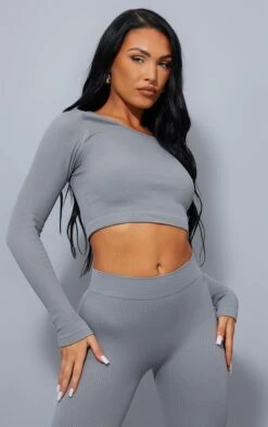 Dark Grey Structured Contour Ribbed Round Neck Long Sleeve Crop Top