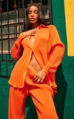 Bright Orange Plisse Button Front Oversized Shirt