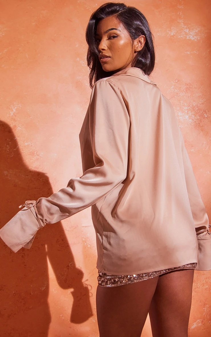 Champagne Satin Oversized Tie Cuff Shirt - Image 2