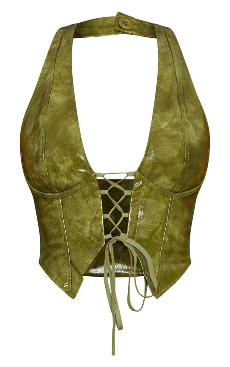 Olive Washed Faux Leather Lace Up Plunge Halterneck Top - Image 6