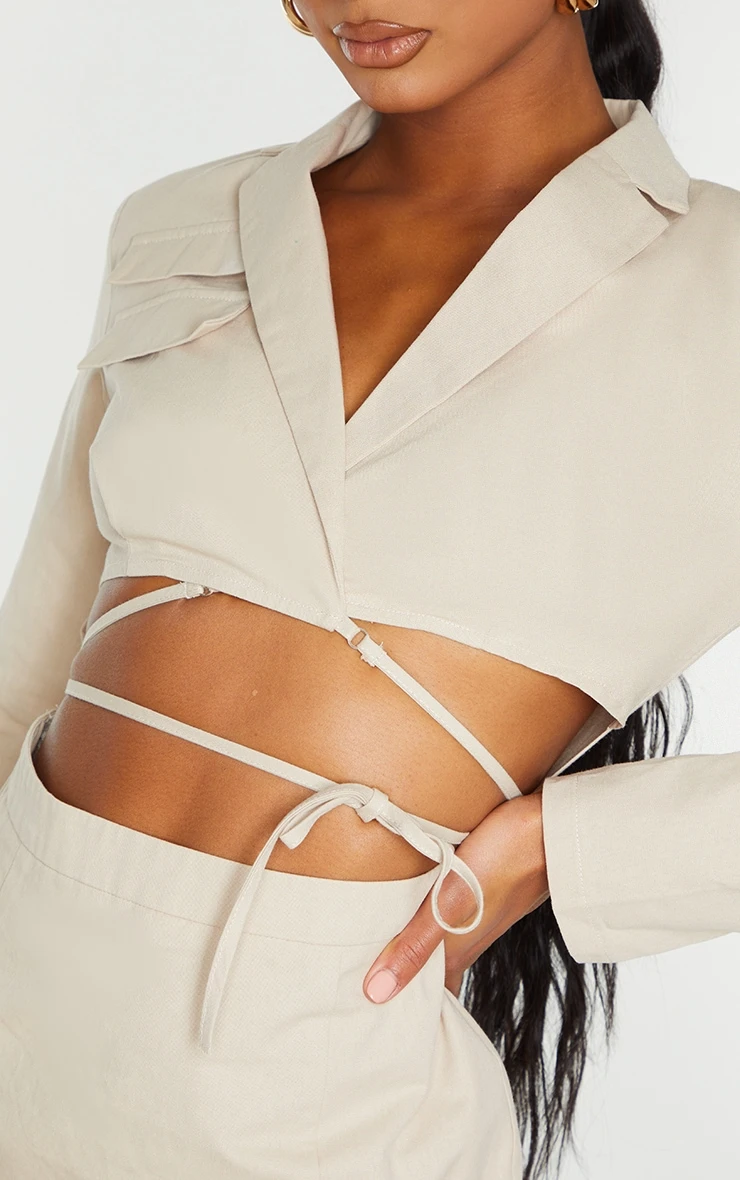 Stone Woven Cut Out Tie Waist Utility Style Blazer Bodycon Dress - Image 6