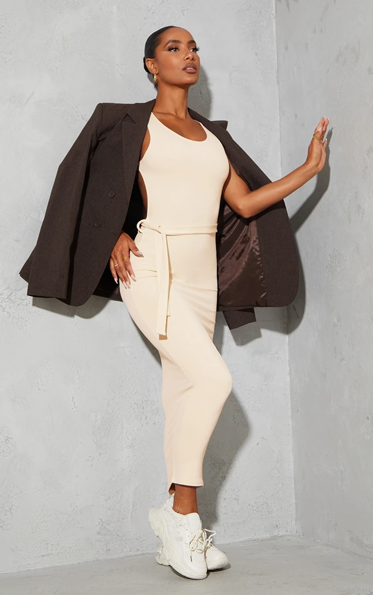 Stone Rib Cut Out Back Detail Tie Waist Midaxi Dress - Image 2