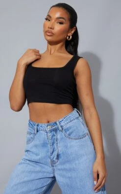 Basic Black Cotton Blend Square Neck Crop Vest