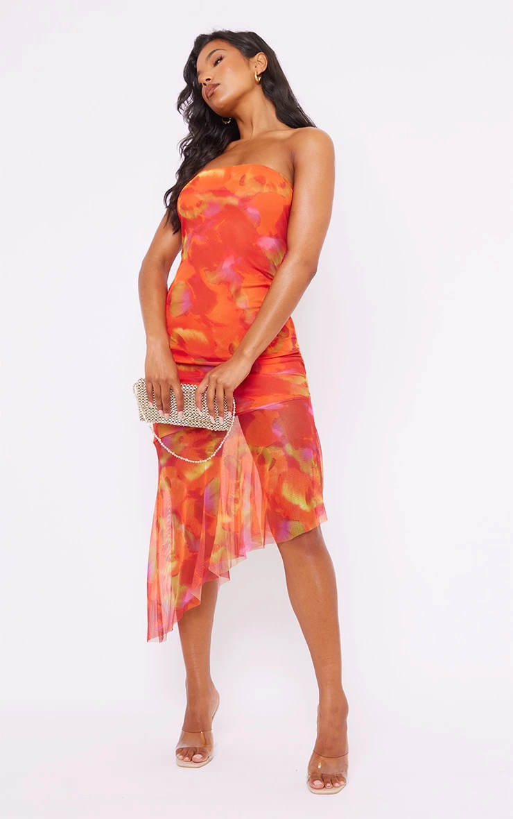 Orange Abstract Print Asymmetric Frill Hem Bandeau Midaxi Dress - Image 5