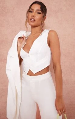 White Woven Belted Back Detail Suit Waistcoat Top