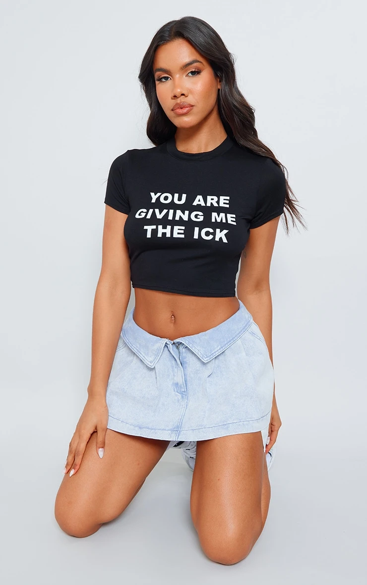 Black Slogan Print Fitted Cropped T-shirt - Image 3