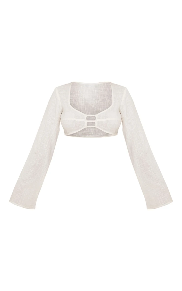 Cream Linen Look Textured Front Detail Long Sleeve Top - Image 5