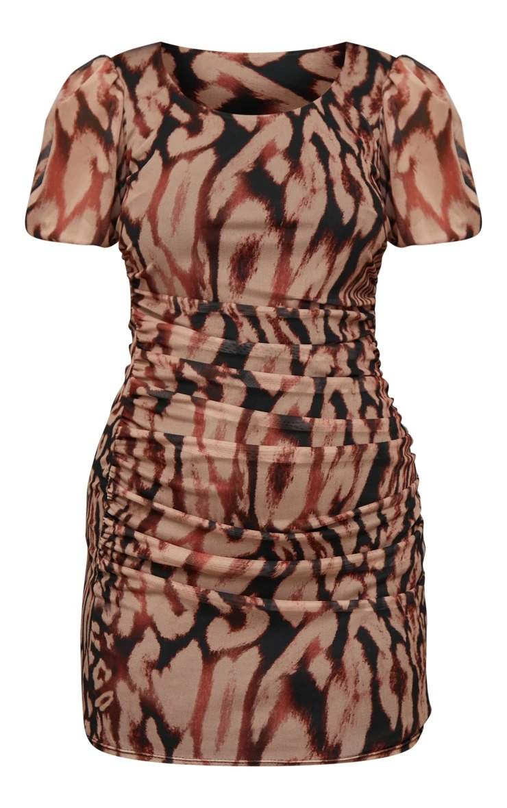 Multi Ruched Bodice Volume Sleeve Leopard Print Mini Dress - Image 5