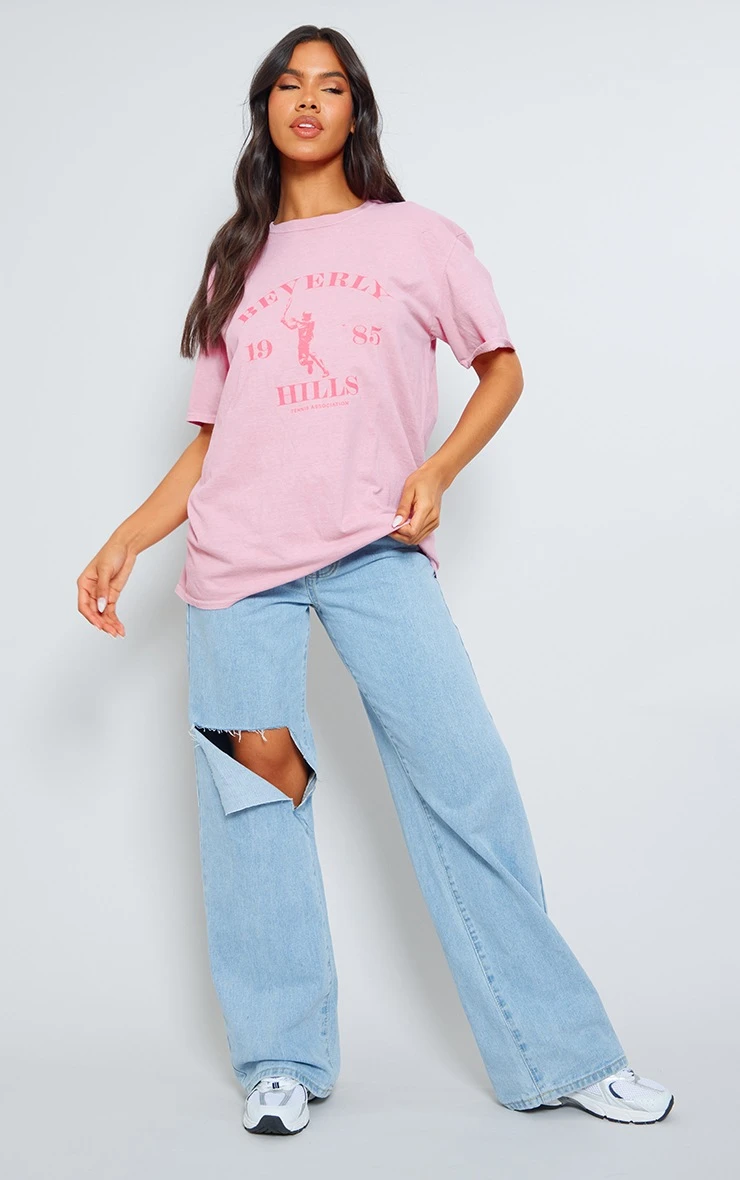 PRETTYLITTLETHING Baby Pink Washed Beverley Hills Print T Shirt - Image 3