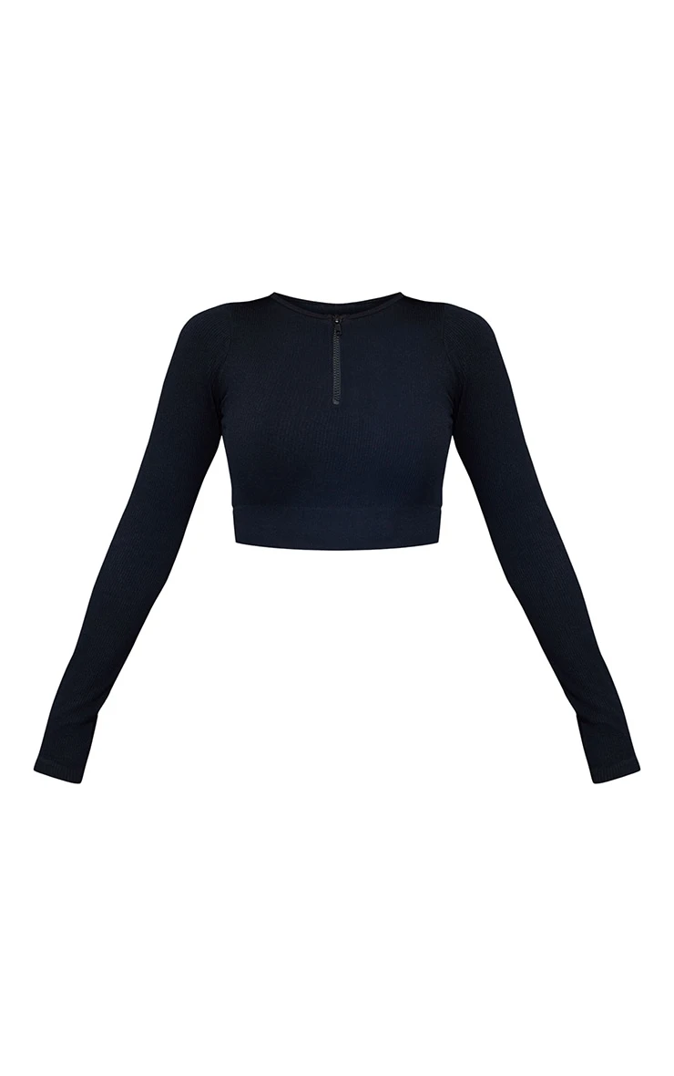 Black Structured Contour Rib Zip Up Long Sleeve Crop Top - Image 5