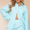 Blue Woven Balloon Sleeve Oversized Shirt