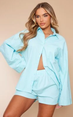 Blue Woven Balloon Sleeve Oversized Shirt