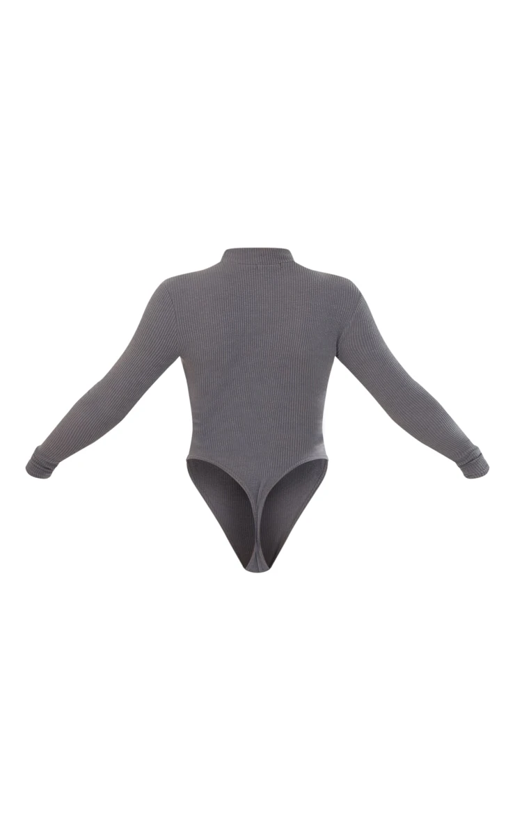 PRETTYLITTLETHING Charcoal Rib Half Zip Bodysuit - Image 6