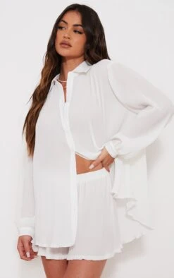 White Plisse Button Front Oversized Shirt