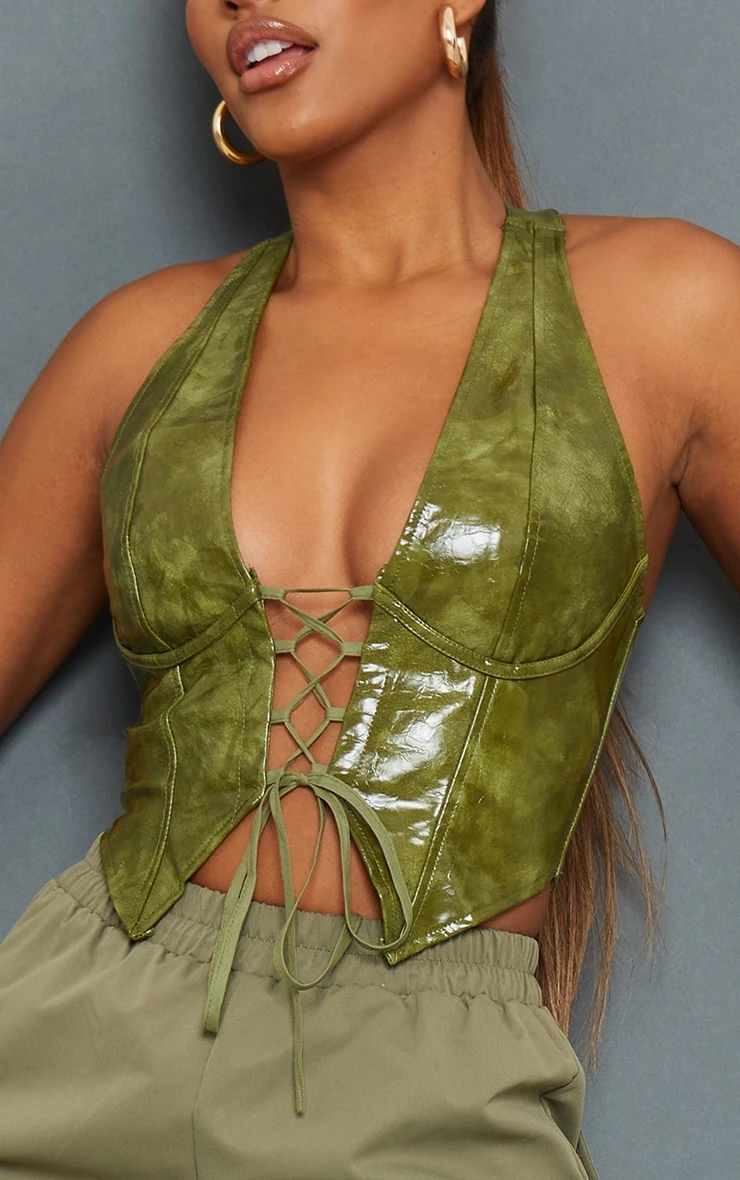 Olive Washed Faux Leather Lace Up Plunge Halterneck Top - Image 5