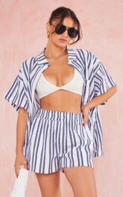 Navy Textured Linen Look Stripe Oversized Boxy Shirt