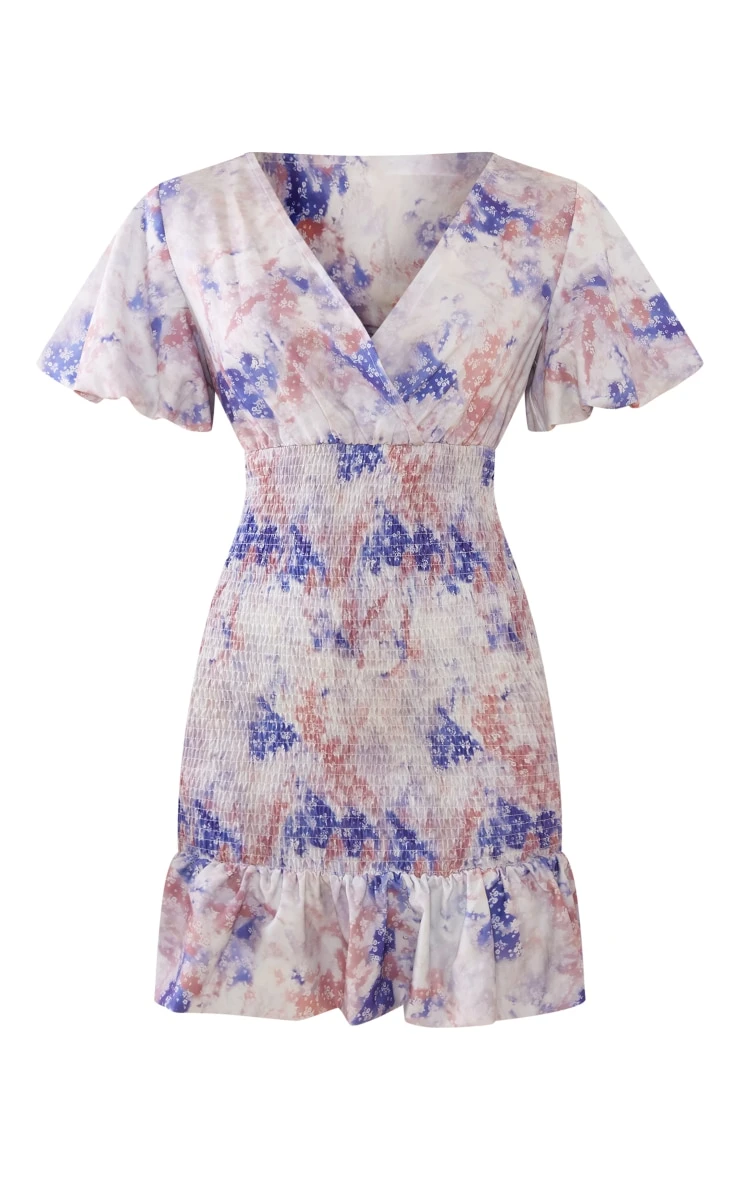 Multi Tie Dye Ditsy Floral Print Shirred V Neck Bodycon Dress - Image 4