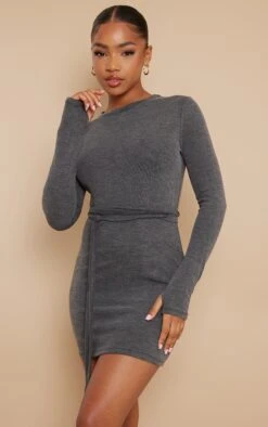 Charcoal Rib Wrap Tie Waist Bodycon Dress