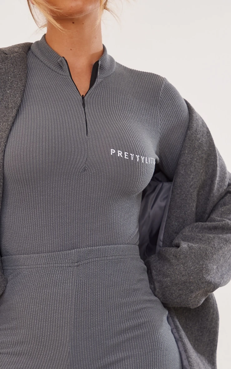 PRETTYLITTLETHING Charcoal Rib Half Zip Bodysuit - Image 4