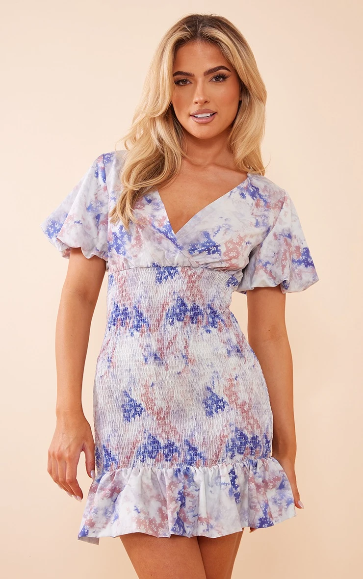 Multi Tie Dye Ditsy Floral Print Shirred V Neck Bodycon Dress - Image 5