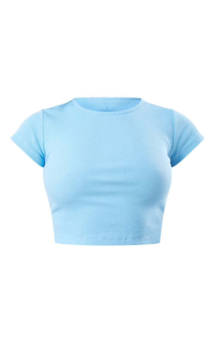 Pale Blue Rib Open Tie Back Fitted T-shirt - Image 5
