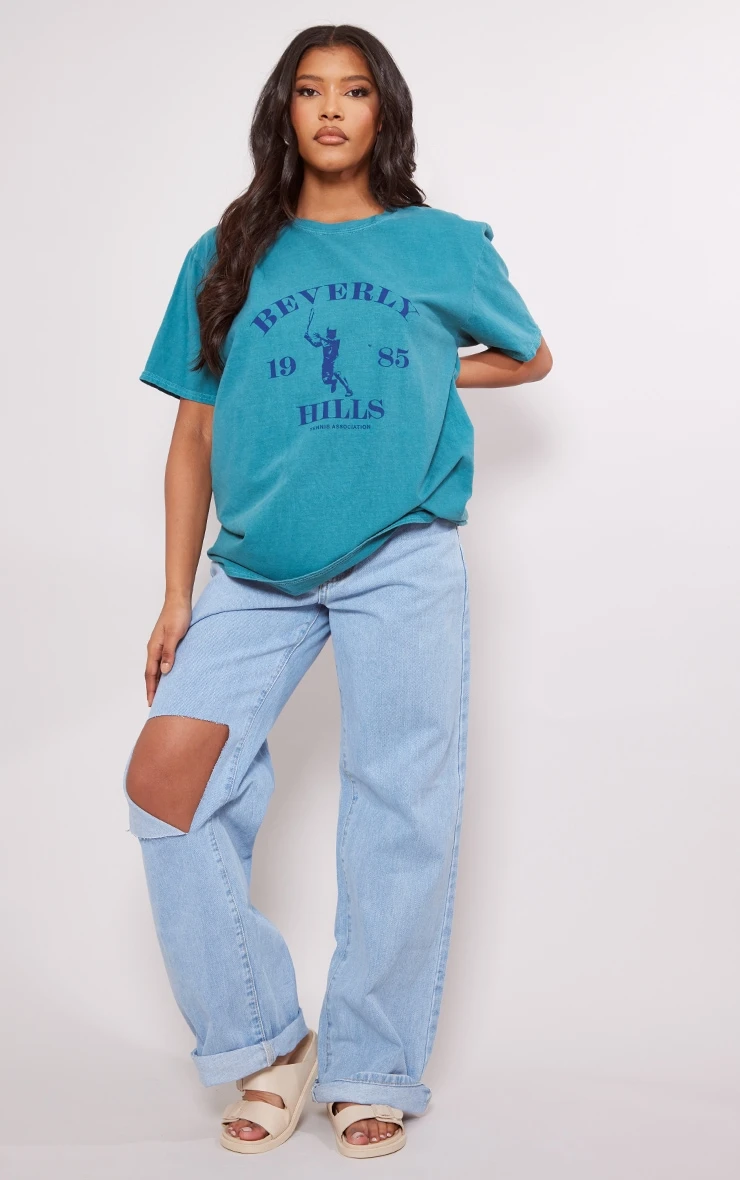 PRETTYLITTLETHING Teal Washed Beverley Hills Print T Shirt - Image 3