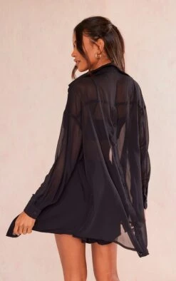 Black Textured Button Up Back Shirt