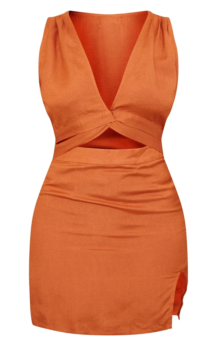 Rust Linen Look Twist Cut Out Sleeveless Bodycon Dress - Image 5