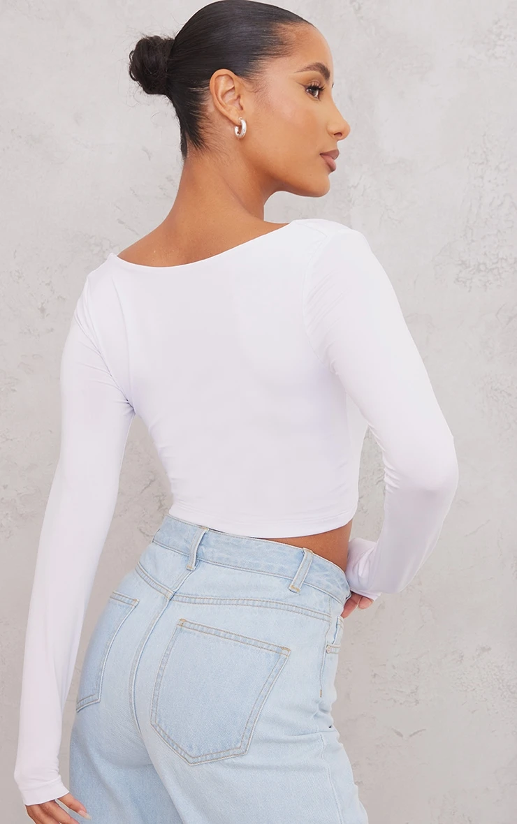 Basic White Slinky Square Neck Crop Top - Image 2