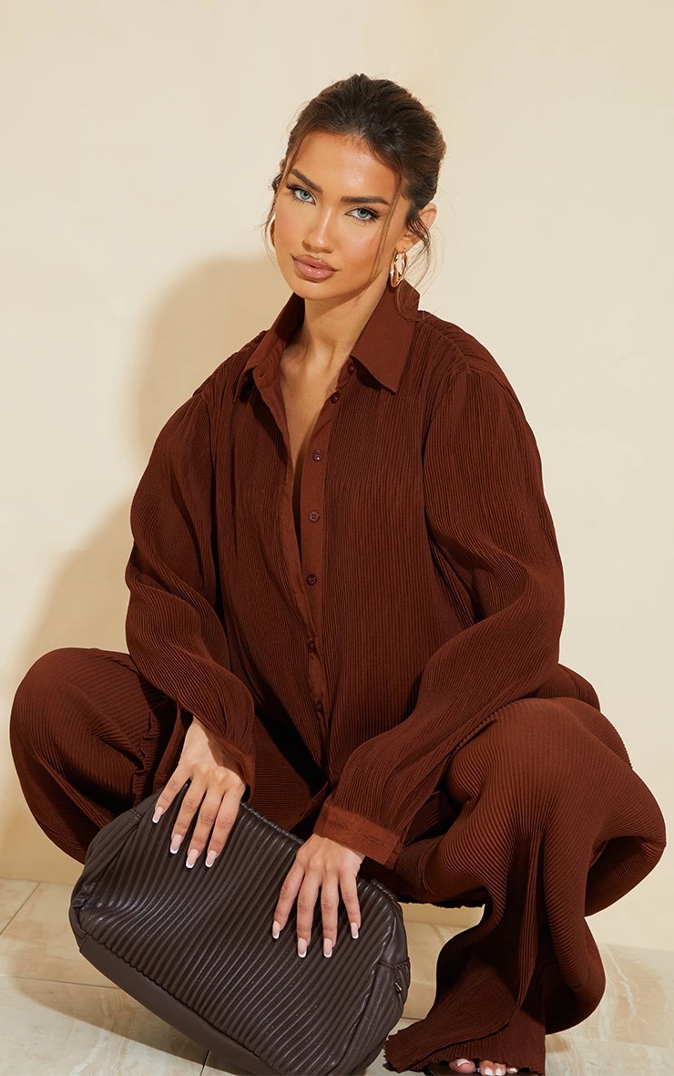 Chocolate Brown Plisse Button Front Oversized Shirt - Image 3